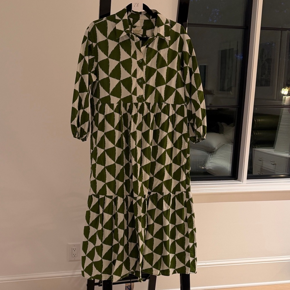 Anthropologie Maeve Olive Green & White Graphic Shirt Dress